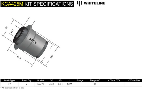 Whiteline Front Lower Control Arm Bushings - Inner Rear Position | 2008 - 2021 Subaru STI & 2015+ Subaru WRX (KCA425M)